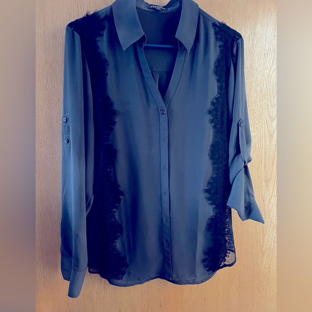 Express Gray and Black Lace Button Down Blouse With Roll Up Sleeves.   Size L